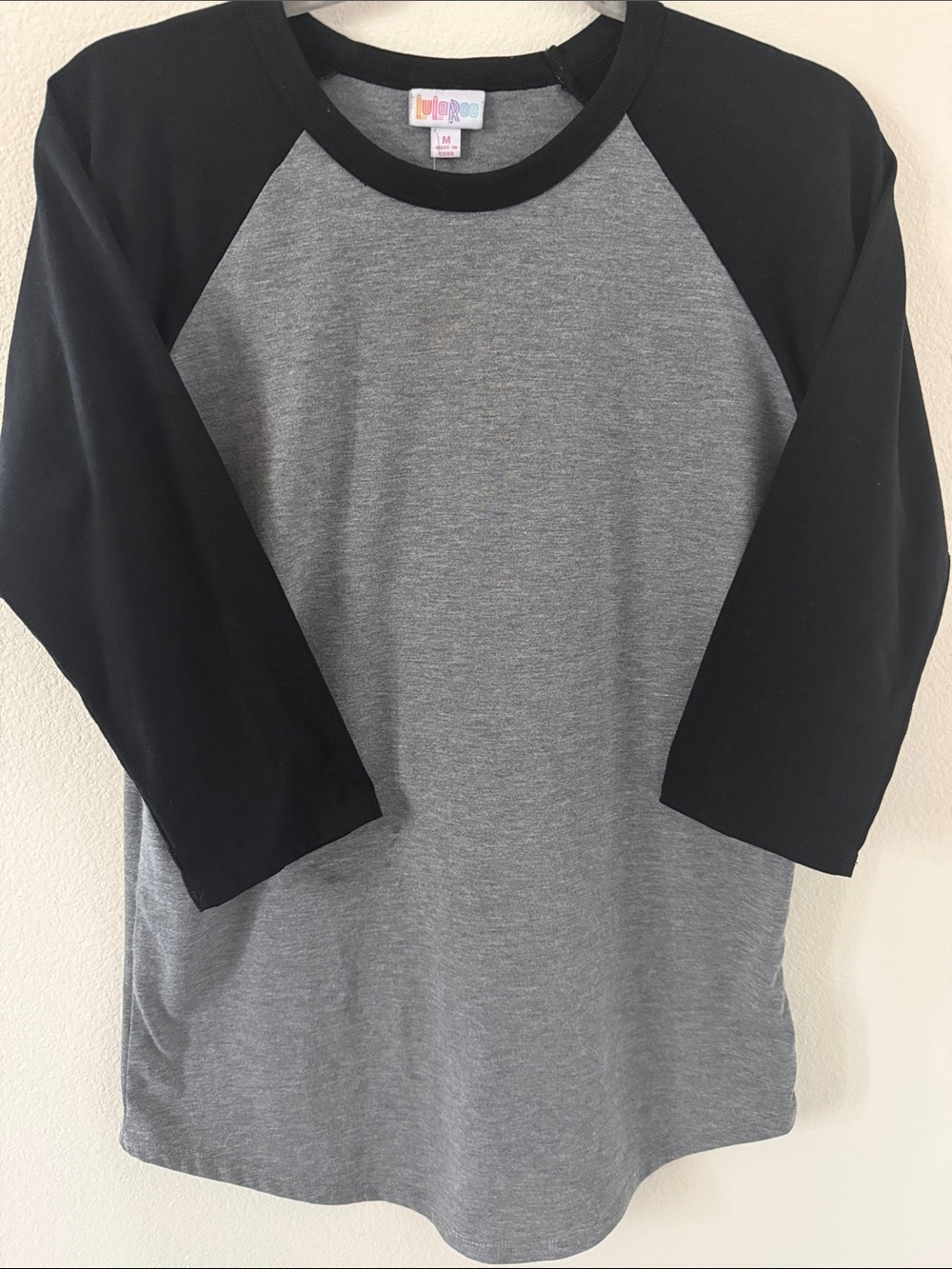 LuLaRoe Grey Body with Black Raglan Sleeves Tee